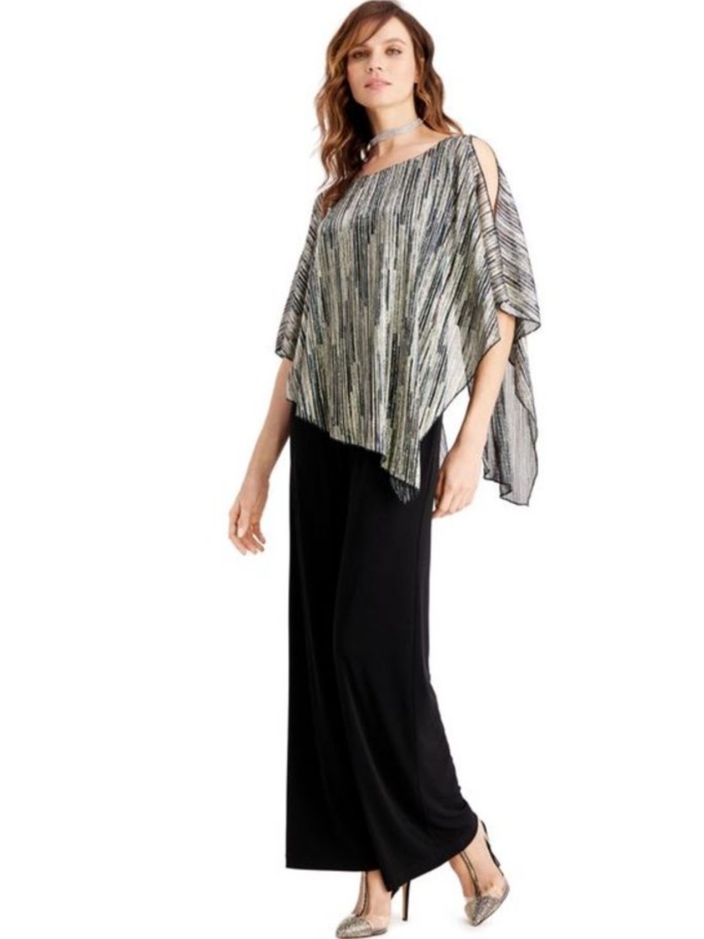NEW Connected Apparel Metallic Cape Wide Leg Jumpsuit Size 16